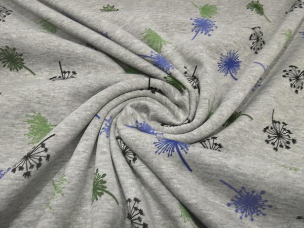 Fabric sweatshirt fabric with alpine fleece off side with dandelions design gray melange green blue black children's fabric clothing fabric hoodie fabric
