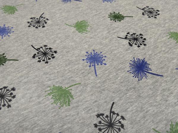 Fabric sweatshirt fabric with alpine fleece off side with dandelions design gray melange green blue black children's fabric clothing fabric hoodie fabric