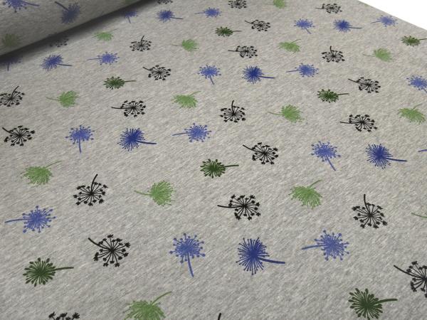 Fabric sweatshirt fabric with alpine fleece off side with dandelions design gray melange green blue black children's fabric clothing fabric hoodie fabric