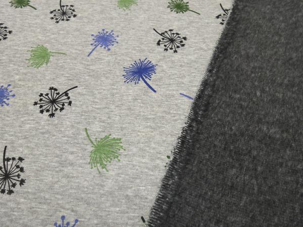 Fabric sweatshirt fabric with alpine fleece off side with dandelions design gray melange green blue black children's fabric clothing fabric hoodie fabric