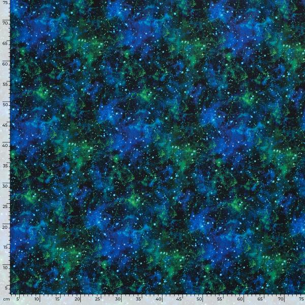Stoff Baumwolle Sweatshirtstoff mit Galaxy Weltraum All Space Sterne Design schwarz grün blau Kinderstoff Kleiderstoff Hoodiestoff