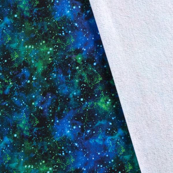Stoff Baumwolle Sweatshirtstoff mit Galaxy Weltraum All Space Sterne Design schwarz grün blau Kinderstoff Kleiderstoff Hoodiestoff
