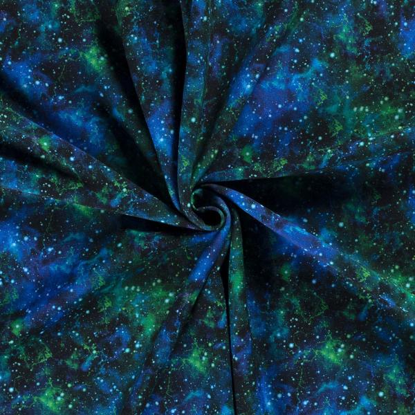 Stoff Baumwolle Sweatshirtstoff mit Galaxy Weltraum All Space Sterne Design schwarz grün blau Kinderstoff Kleiderstoff Hoodiestoff