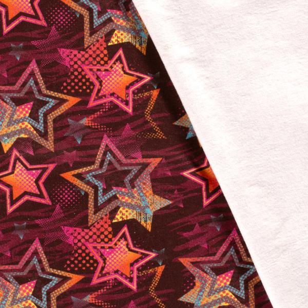 Stoff Baumwolle Sweatshirtstoff Sterne bordeaux rot orange blau pink bunt Kinderstoff Kleiderstoff