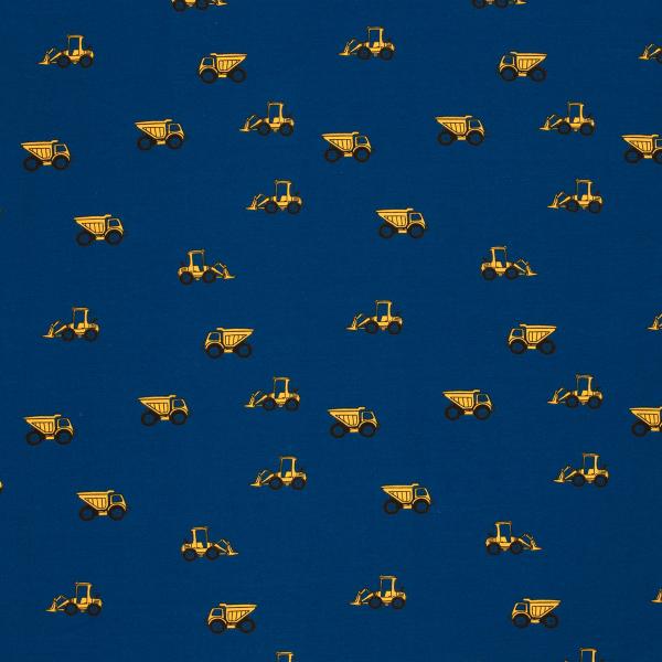 Fabric cotton jersey excavator truck construction site vehicles blue yellow black children's fabric clothing fabric
