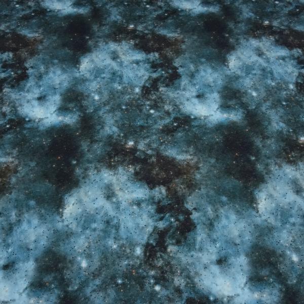 Cotton sweatshirt fabric with galaxy space all space stars design blue cyan black colorful children's fabric clothing fabric hoodie fabric