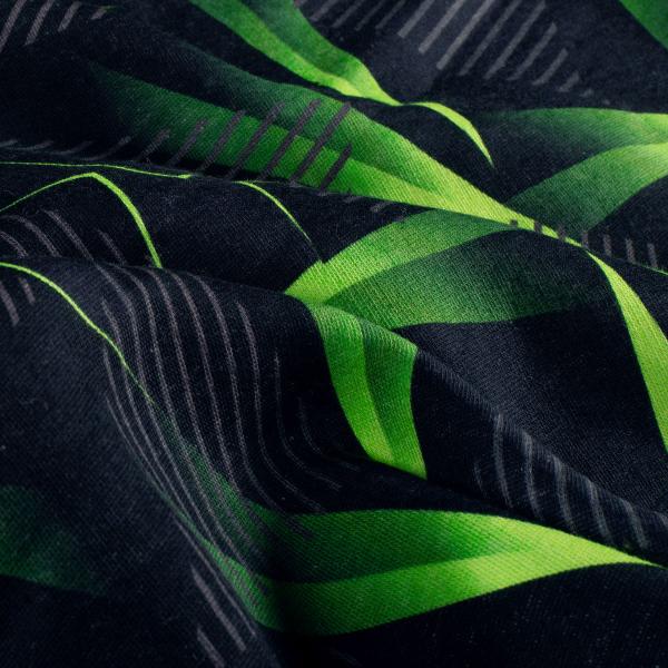 Stoff Baumwolle Sweatshirtstoff mit abstrakten geometrischen Design schwarz neongrün grau Kinderstoff Kleiderstoff