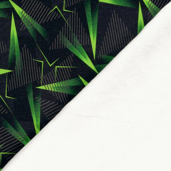 Stoff Baumwolle Sweatshirtstoff mit abstrakten geometrischen Design schwarz neongrün grau Kinderstoff Kleiderstoff