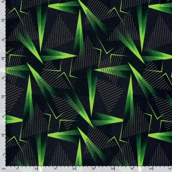 Stoff Baumwolle Sweatshirtstoff mit abstrakten geometrischen Design schwarz neongrün grau Kinderstoff Kleiderstoff