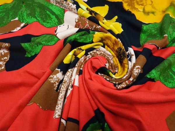 Fabric viscose elastic jersey with flowers blossoms design red brown yellow green black old pink dress fabric