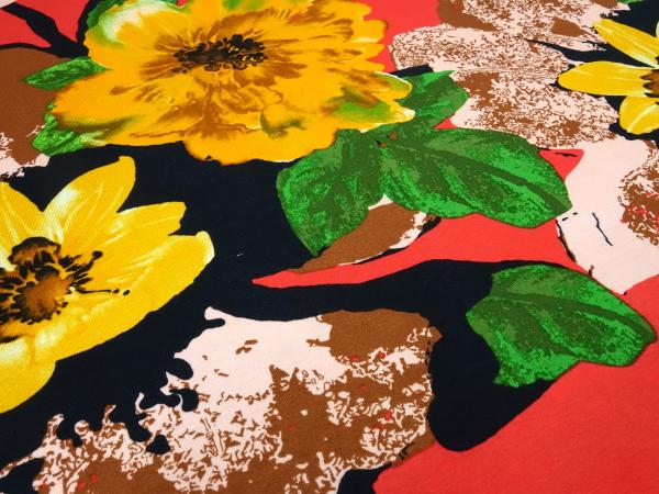 Fabric viscose elastic jersey with flowers blossoms design red brown yellow green black old pink dress fabric