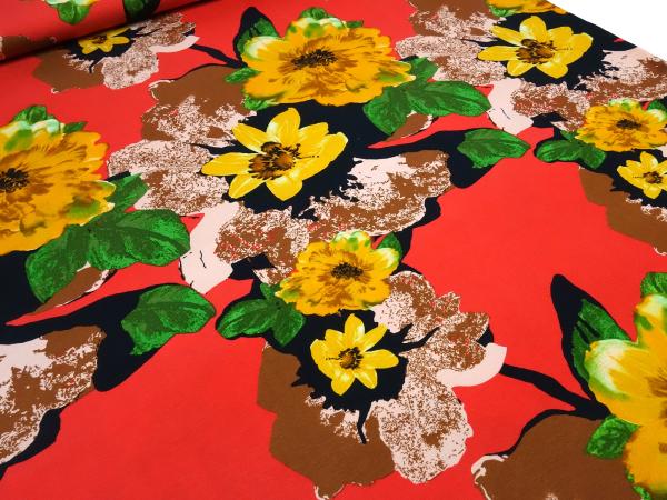 Fabric viscose elastic jersey with flowers blossoms design red brown yellow green black old pink dress fabric