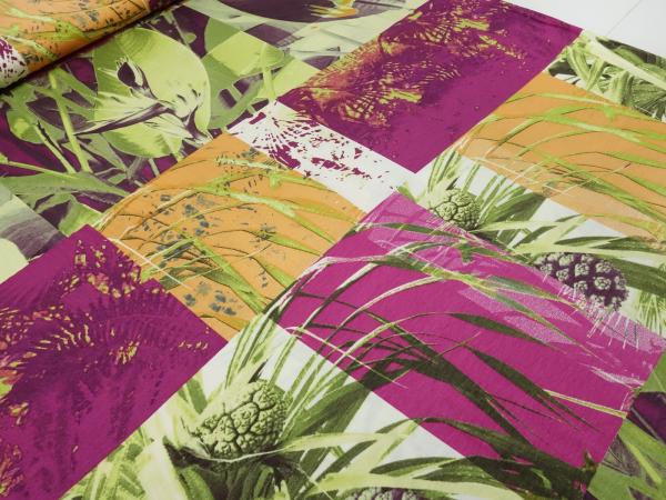 Stoff Viskose Jersey mit abstrakten Blumen Pflanzen Design grün orange fuchsia lila bunt Kleiderstoff