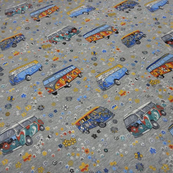 Stoff Sweatshirtstoff Alpenfleece Abseite Hippie Bulli Auto Van Design grau melange bunt Kinderstoff Kleiderstoff Hoodiestoff