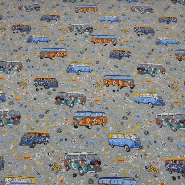 Stoff Sweatshirtstoff Alpenfleece Abseite Hippie Bulli Auto Van Design grau melange bunt Kinderstoff Kleiderstoff Hoodiestoff
