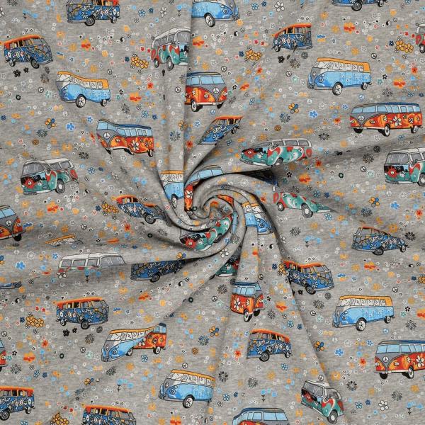 Stoff Sweatshirtstoff Alpenfleece Abseite Hippie Bulli Auto Van Design grau melange bunt Kinderstoff Kleiderstoff Hoodiestoff