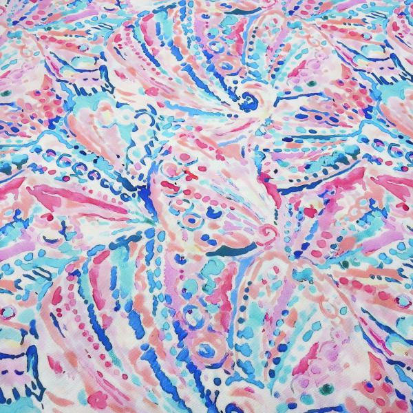 Fabric Fantasy slub viscose stretch floral design white turquoise blue pink salmon blouse fabric dress fabric