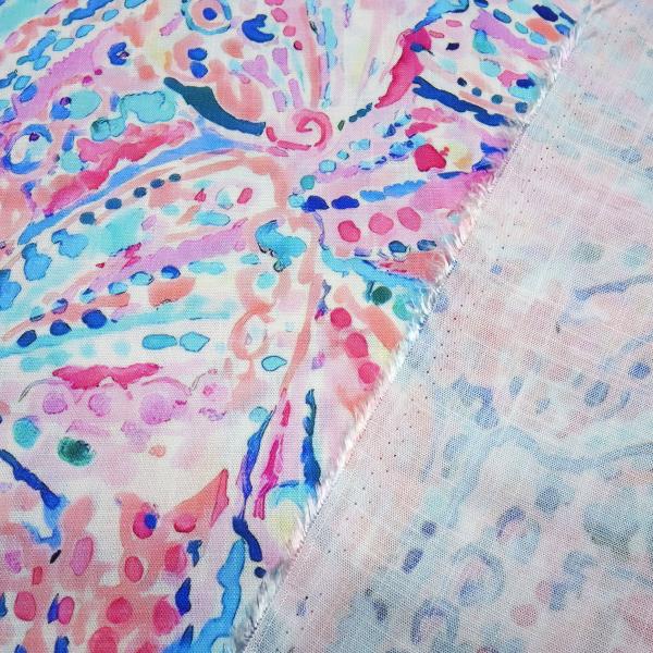 Fabric Fantasy slub viscose stretch floral design white turquoise blue pink salmon blouse fabric dress fabric