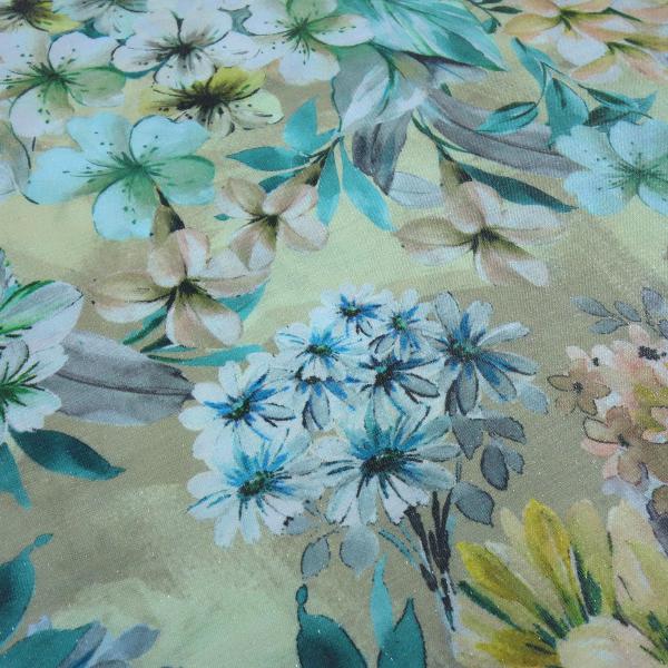 Fabric viscose Shinio Floral blouse fabric with flower blossom design mint green beige yellow colorful subtle shiny dress fabric