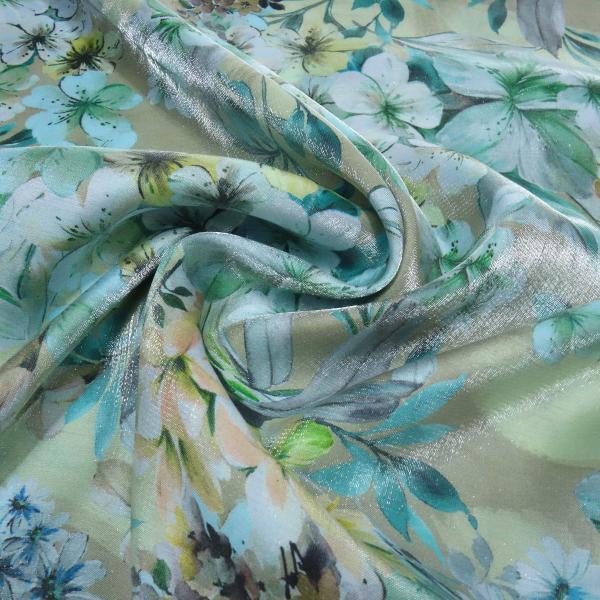 Fabric viscose Shinio Floral blouse fabric with flower blossom design mint green beige yellow colorful subtle shiny dress fabric
