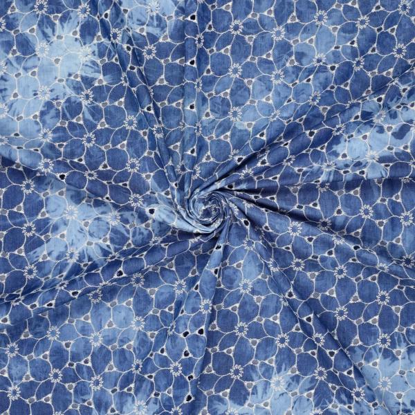 Stoff Baumwolle Denim Batik Stickerei jeans blau weiß Blusenstoff Kleiderstoff