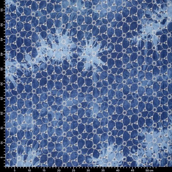 Stoff Baumwolle Denim Batik Stickerei jeans blau weiß Blusenstoff Kleiderstoff