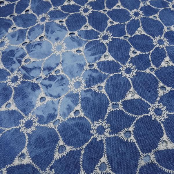 Stoff Baumwolle Denim Batik Stickerei jeans blau weiß Blusenstoff Kleiderstoff