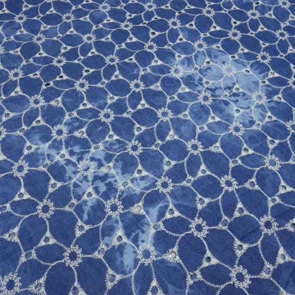 Stoff Baumwolle Denim Batik Stickerei jeans blau weiß Blusenstoff Kleiderstoff