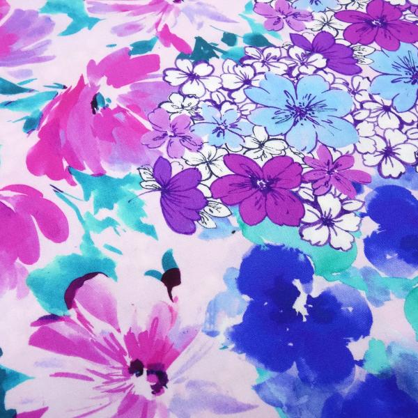 Fabric Galore Poplin viscose stretch with floral design pink white fuchsia pink blue emerald colorful blouse fabric dress fabric