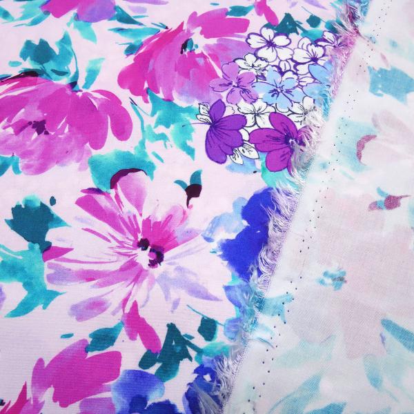 Fabric Galore Poplin viscose stretch with floral design pink white fuchsia pink blue emerald colorful blouse fabric dress fabric