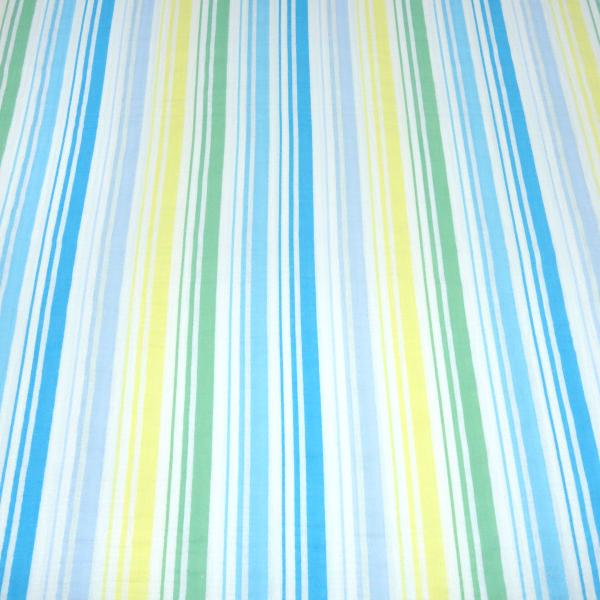 Fabric cotton muslin gauze burp cloth with beach stripe design white blue turquoise yellow green striped blouse fabric dress fabric children's fabric