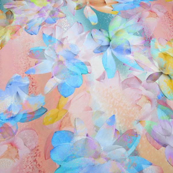 Stoff Viskose Jersey mit Spring Lotus Blumenmuster Blüten Design pastell multicolor bunt Kleiderstoff Kinderstoff