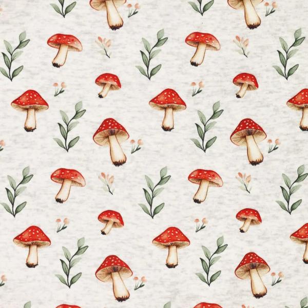 Fabric Sweatshirt fabric Alpine fleece Reverse side with mushrooms Fly agaric design Off-white melange red green colorful Children's fabric Dress fabric Hoodie fabric