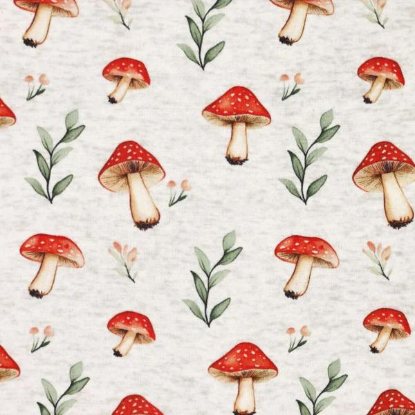 Fabric Sweatshirt fabric Alpine fleece Reverse side with mushrooms Fly agaric design Off-white melange red green colorful Children's fabric Dress fabric Hoodie fabric