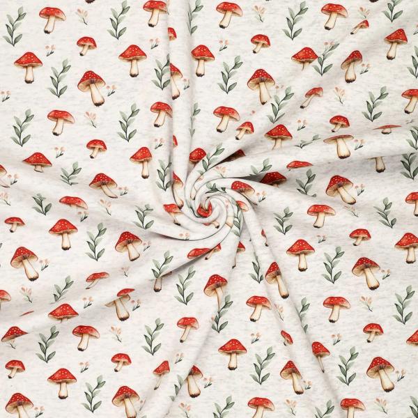 Fabric Sweatshirt fabric Alpine fleece Reverse side with mushrooms Fly agaric design Off-white melange red green colorful Children's fabric Dress fabric Hoodie fabric