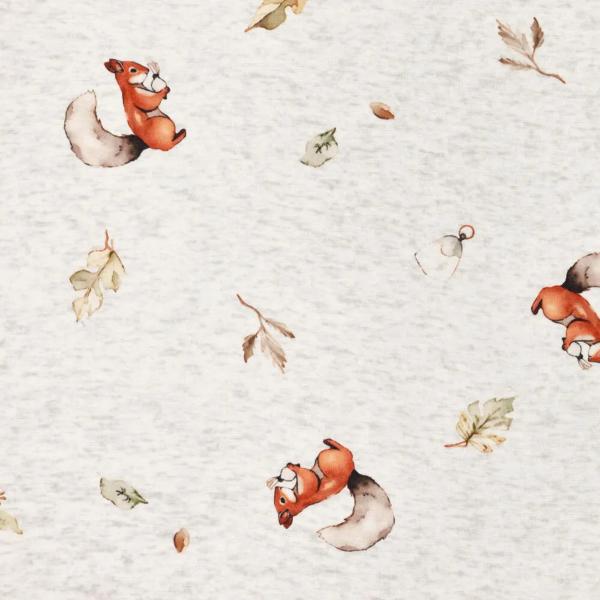 Stoff Sweatshirtstoff Alpenfleece Abseite Eichhörnchen Blätter wollweiß melange braun beige oliv bunt Kinderstoff Kleiderstoff Hoodiestoff