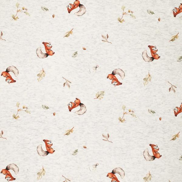 Stoff Sweatshirtstoff Alpenfleece Abseite Eichhörnchen Blätter wollweiß melange braun beige oliv bunt Kinderstoff Kleiderstoff Hoodiestoff