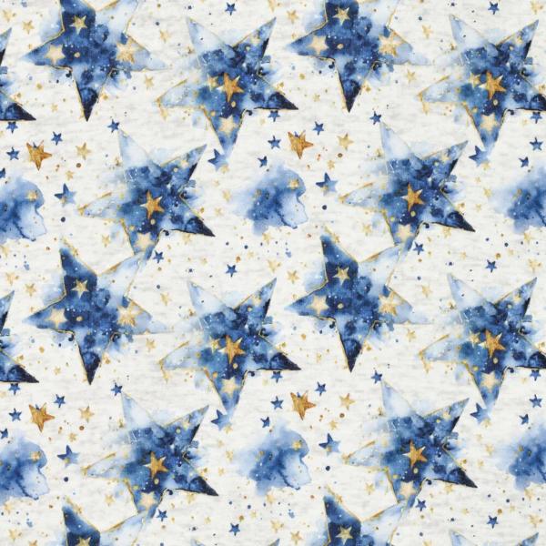 Stoff Sweatshirtstoff Alpenfleece Abseite mit Batik Sterne Design ecrú melange blau goldgelb bunt Kinderstoff Kleiderstoff Hoodiestoff