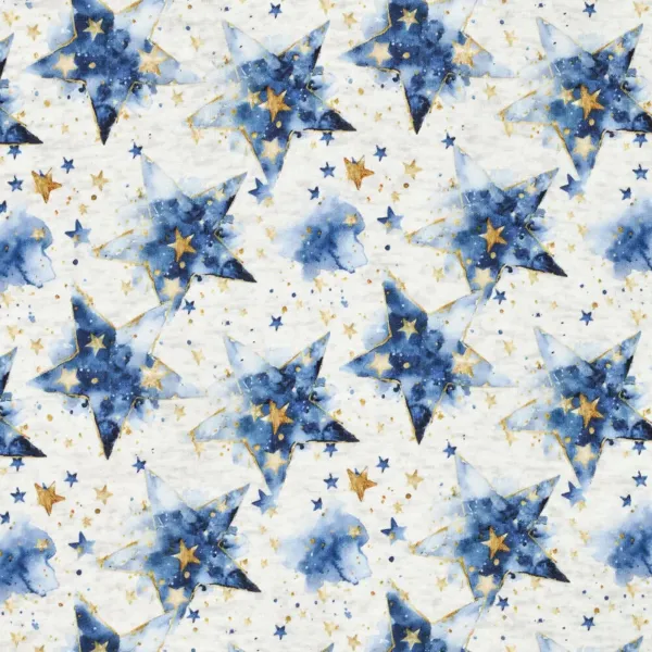 Stoff Sweatshirtstoff Alpenfleece Abseite mit Batik Sterne Design ecrú melange blau goldgelb bunt Kinderstoff Kleiderstoff Hoodiestoff