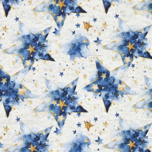 Stoff Sweatshirtstoff Alpenfleece Abseite mit Batik Sterne Design ecrú melange blau goldgelb bunt Kinderstoff Kleiderstoff Hoodiestoff