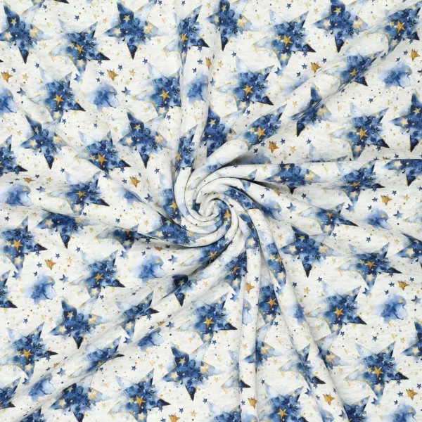 Stoff Sweatshirtstoff Alpenfleece Abseite mit Batik Sterne Design ecrú melange blau goldgelb bunt Kinderstoff Kleiderstoff Hoodiestoff