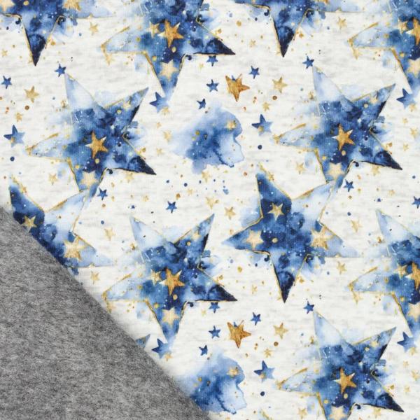 Stoff Sweatshirtstoff Alpenfleece Abseite mit Batik Sterne Design ecrú melange blau goldgelb bunt Kinderstoff Kleiderstoff Hoodiestoff