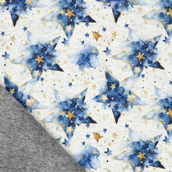 Stoff Sweatshirtstoff Alpenfleece Abseite mit Batik Sterne Design ecrú melange blau goldgelb bunt Kinderstoff Kleiderstoff Hoodiestoff