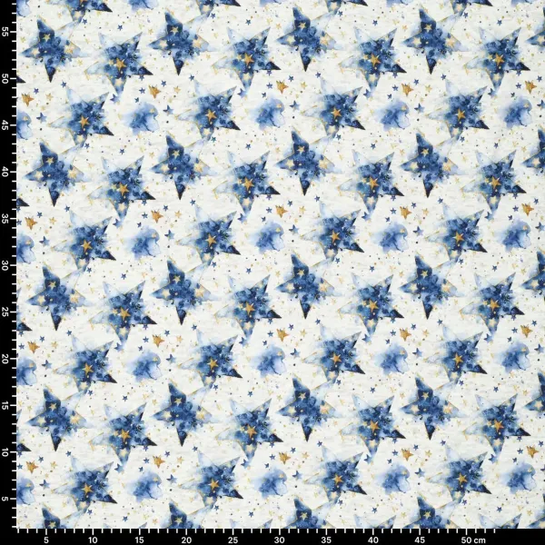 Stoff Sweatshirtstoff Alpenfleece Abseite mit Batik Sterne Design ecrú melange blau goldgelb bunt Kinderstoff Kleiderstoff Hoodiestoff