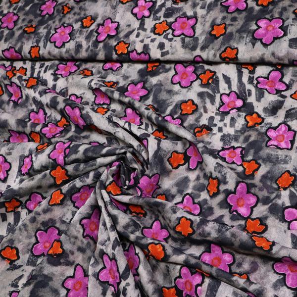 Fabric chiffon with flowers blossoms abstract design gray pink orange dress fabric blouse fabric