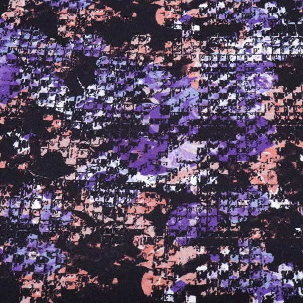 Fabric viscose jersey with abstract design purple black salmon blue white dress fabric