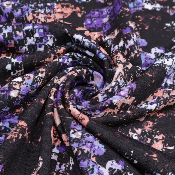 Fabric viscose jersey with abstract design purple black salmon blue white dress fabric