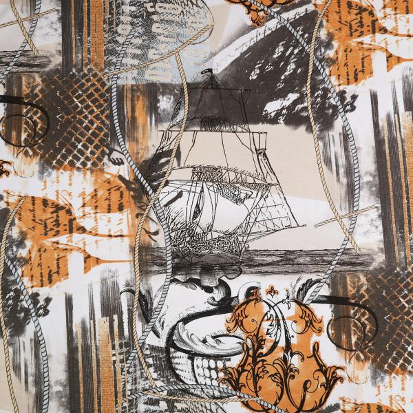 Stoff Viskose Jersey mit maritimen abstrakten Schiffe Segelschiff Motive Design braun beige orange weiß grau schwarz Kleiderstoff