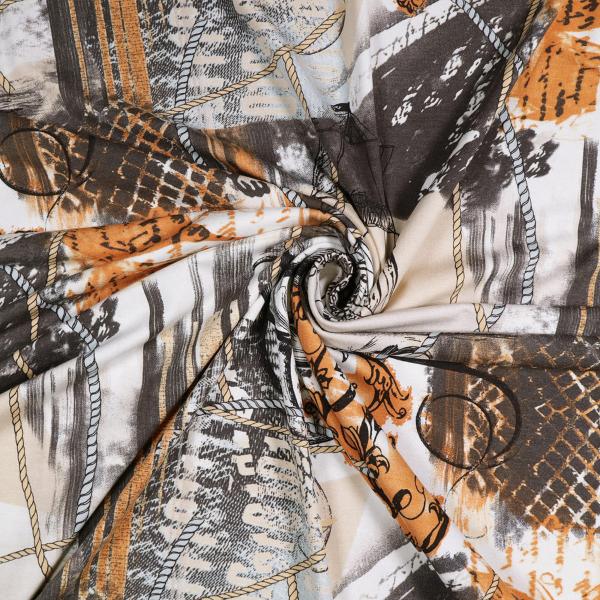 Stoff Viskose Jersey mit maritimen abstrakten Schiffe Segelschiff Motive Design braun beige orange weiß grau schwarz Kleiderstoff