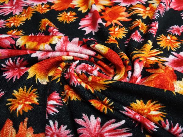 Fabric viscose jersey with flowers blossoms design black orange red dress fabric children's fabric